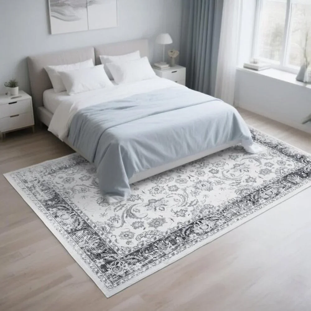 New 4x6 Grey Washable Area Rug, Non-Slip Low Pile Vintage Carpet for Home & Room